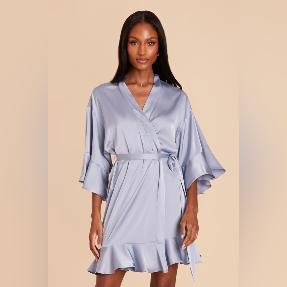 NWT Birdy Grey Satin Kenny Ruffle Robe in Dusty Blue Size M/L
